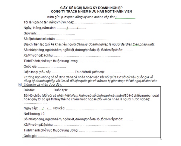 Mẫu giấy đề nghị đăng ký doanh nghiệp công ty TNHH 1 thành viên cần có khi chuyển đổi từ công ty cổ phần và công ty TNHH 2 thành viên
