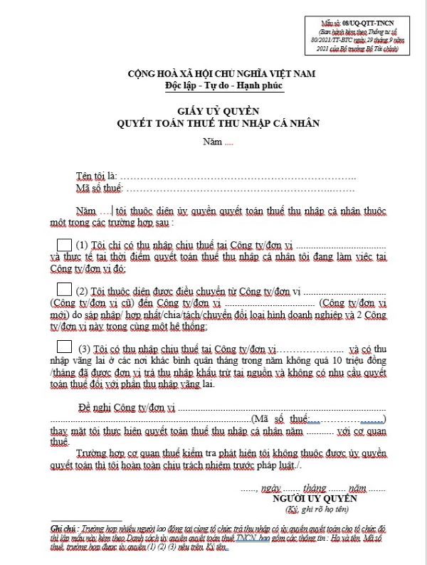 Mẫu ủy quyền quyết toán thuế TNCN