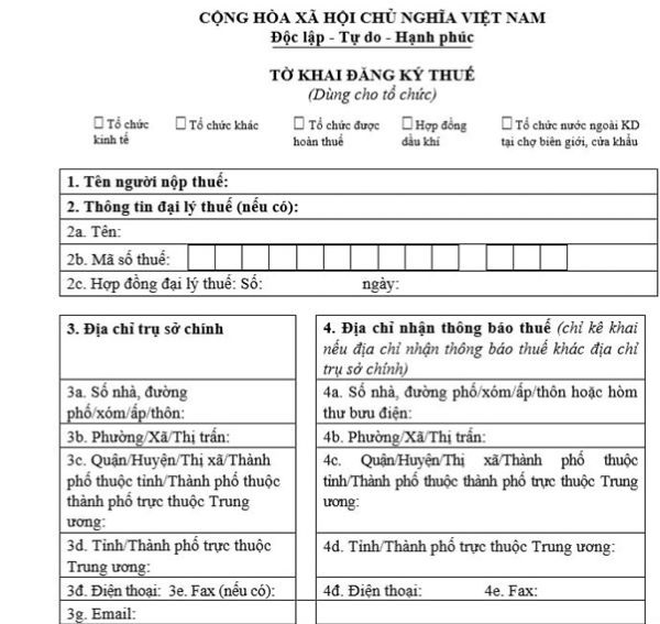 Mẫu đăng ký thuế cho doanh nghiệp mới thành lập
