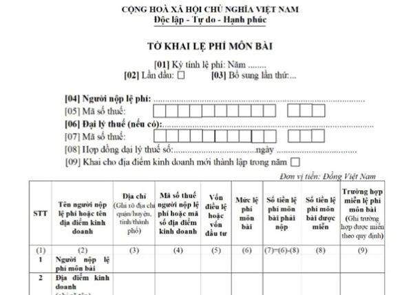 Mẫu tờ khai và nộp lệ phí môn bài