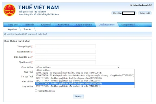 Chọn tờ khai quyết toán thuế thu nhập cá nhân