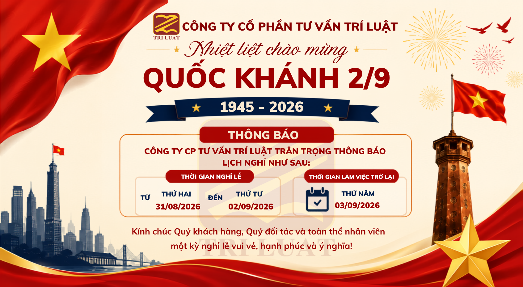 THÔNG BÁO NGHỈ LỄ QUỐC KHÁNH 02/09 NĂM 2026